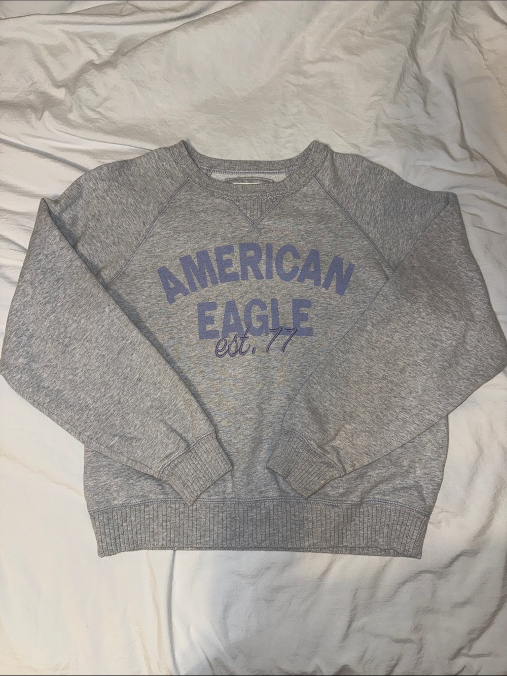American Eagle Outfitters Heather Gray Crewneck with Lavender Script Logo